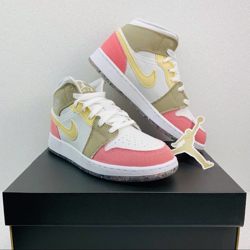 Air Jordan 1 Mid DJ0338-100 White Pink Vivid Green Sneaker - Kids 4Y